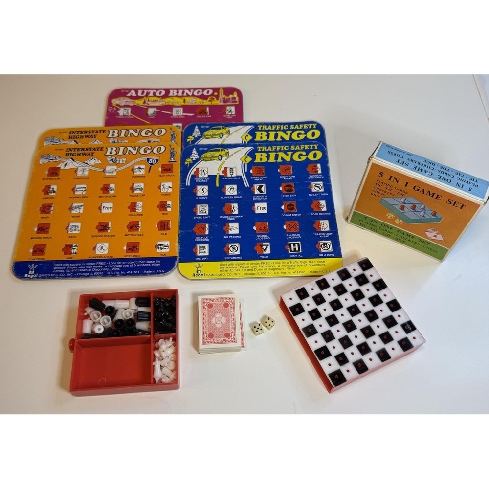 Vintage Road Trip Games Lot Auto Bingo Travel 5-in-1 Chess Checkers Cards Dice
